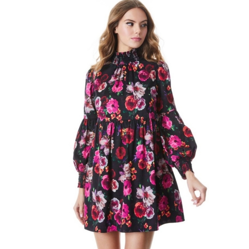 Alice + Olivia Thea Black Multicolor Floral Babydoll Long Sleeve Dress